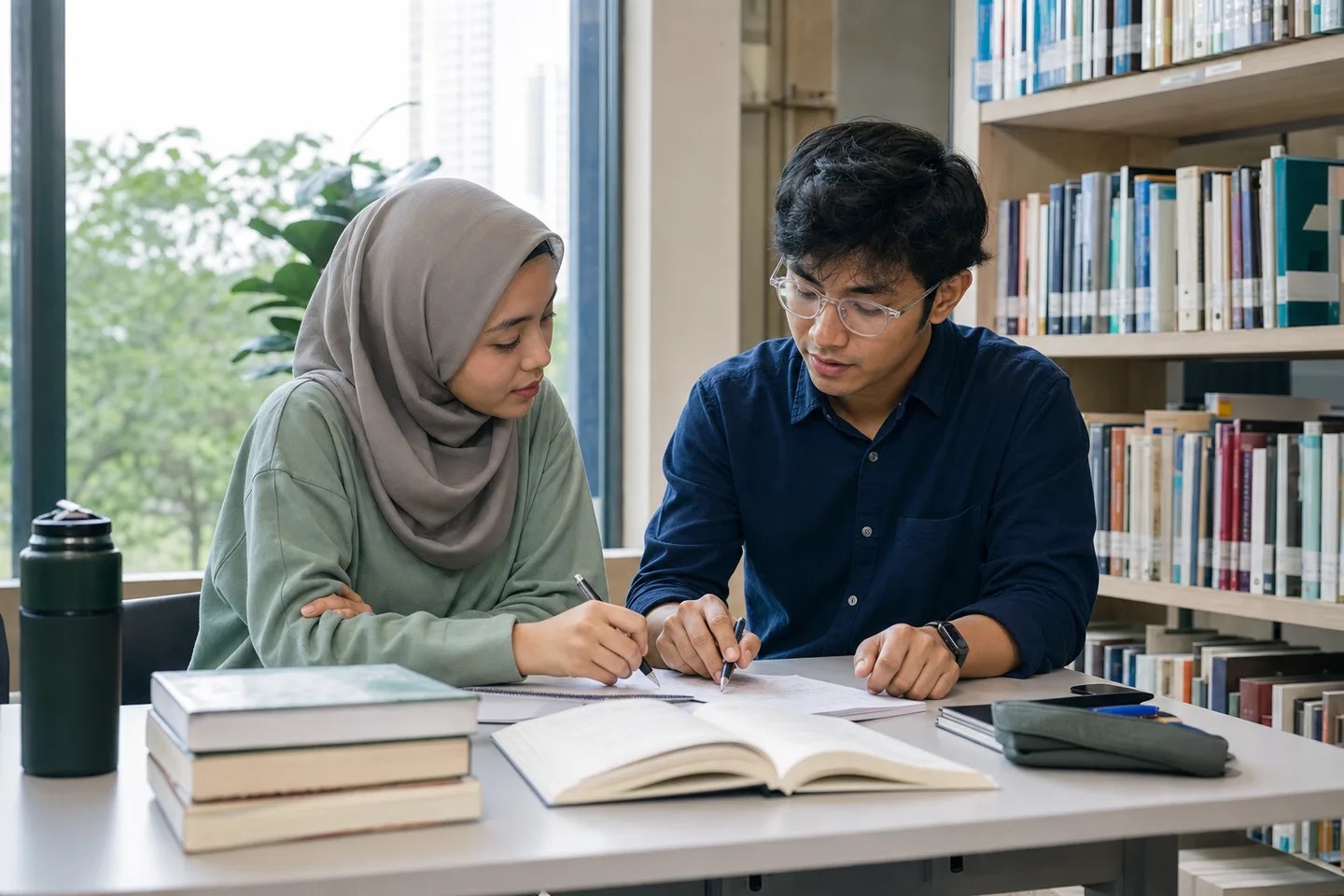 A tutor and learner working through study notes in a library